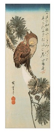 A Little Brown Owl on a Pine Branch with a Crescent Moon Behind - Art Print by Utagawa Hiroshige | Movie Poster Prints from Posterazzi