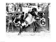 Side profile of a cowboy riding a bull at a rodeo 24.00 x 18.00 Poster Print